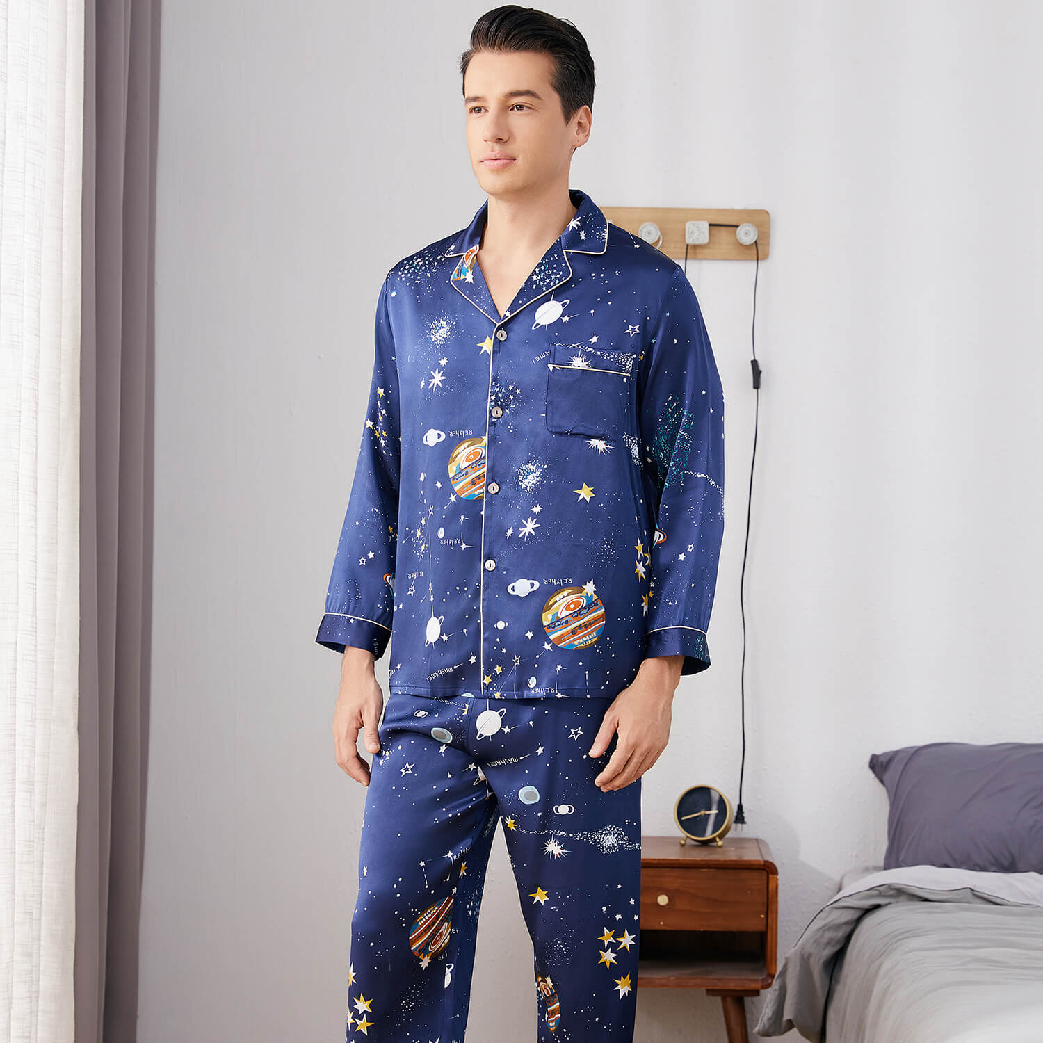 Long Galaxy Print Men Silk Pajama Set Luxury Silk Nightwear