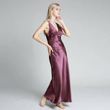 Long Silk Nightgown For Women Wide Strap V Neck Silk Nightdress