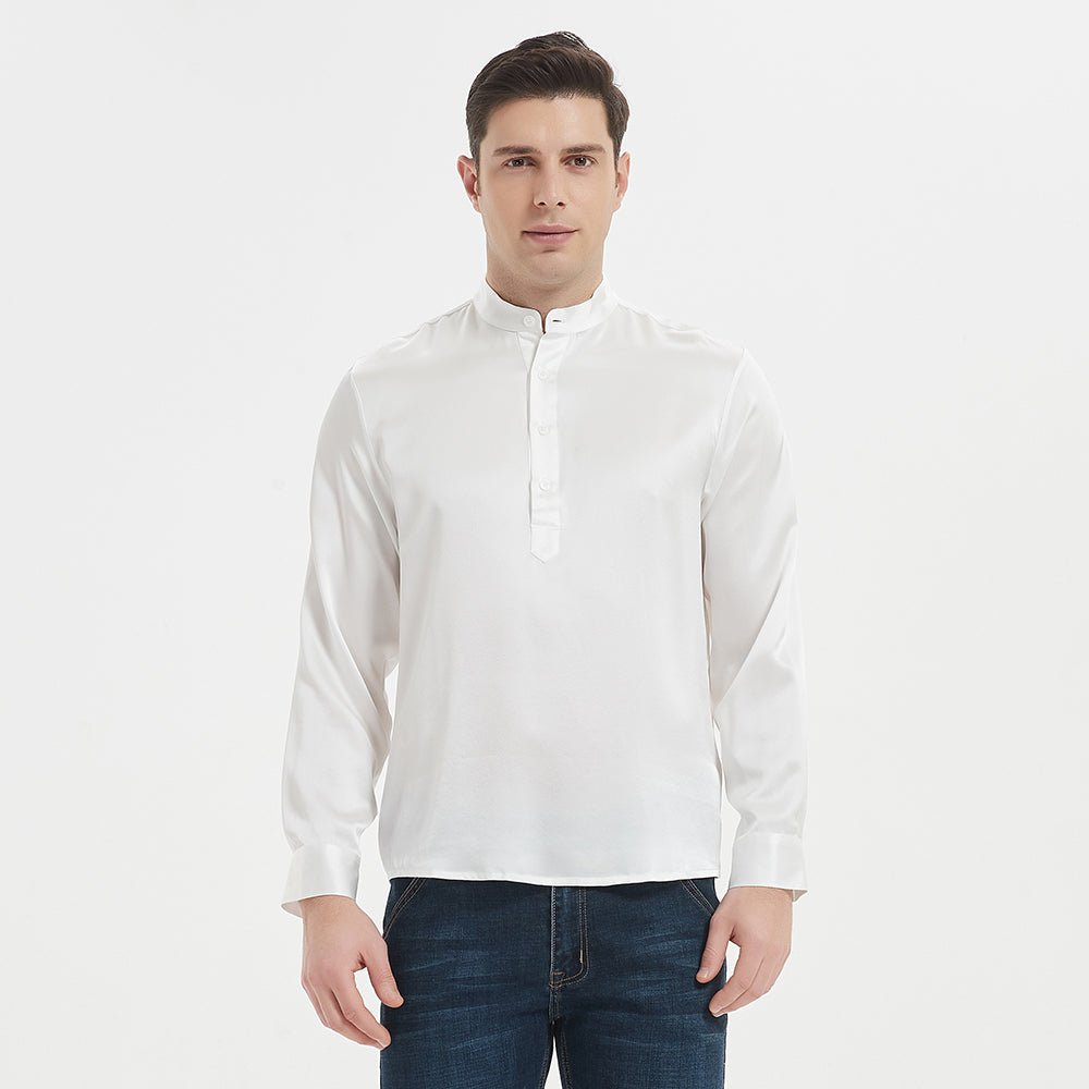 Luxury Silk Henley Shirts For Men Pure Silk Stand Collar Top