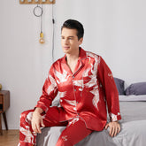 Men Crane Print Long Silk Pajamas Set Pure Silk Sleepwear