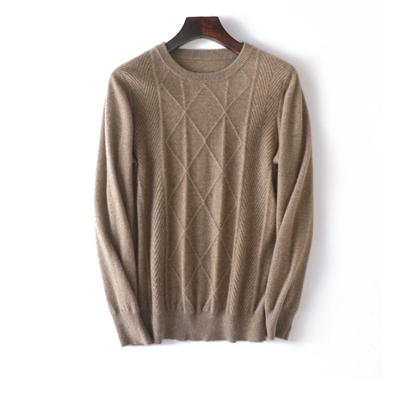 Mens Diamond Knit Pure Cashmere Sweater Crew Neck Tops Ribbed Hem
