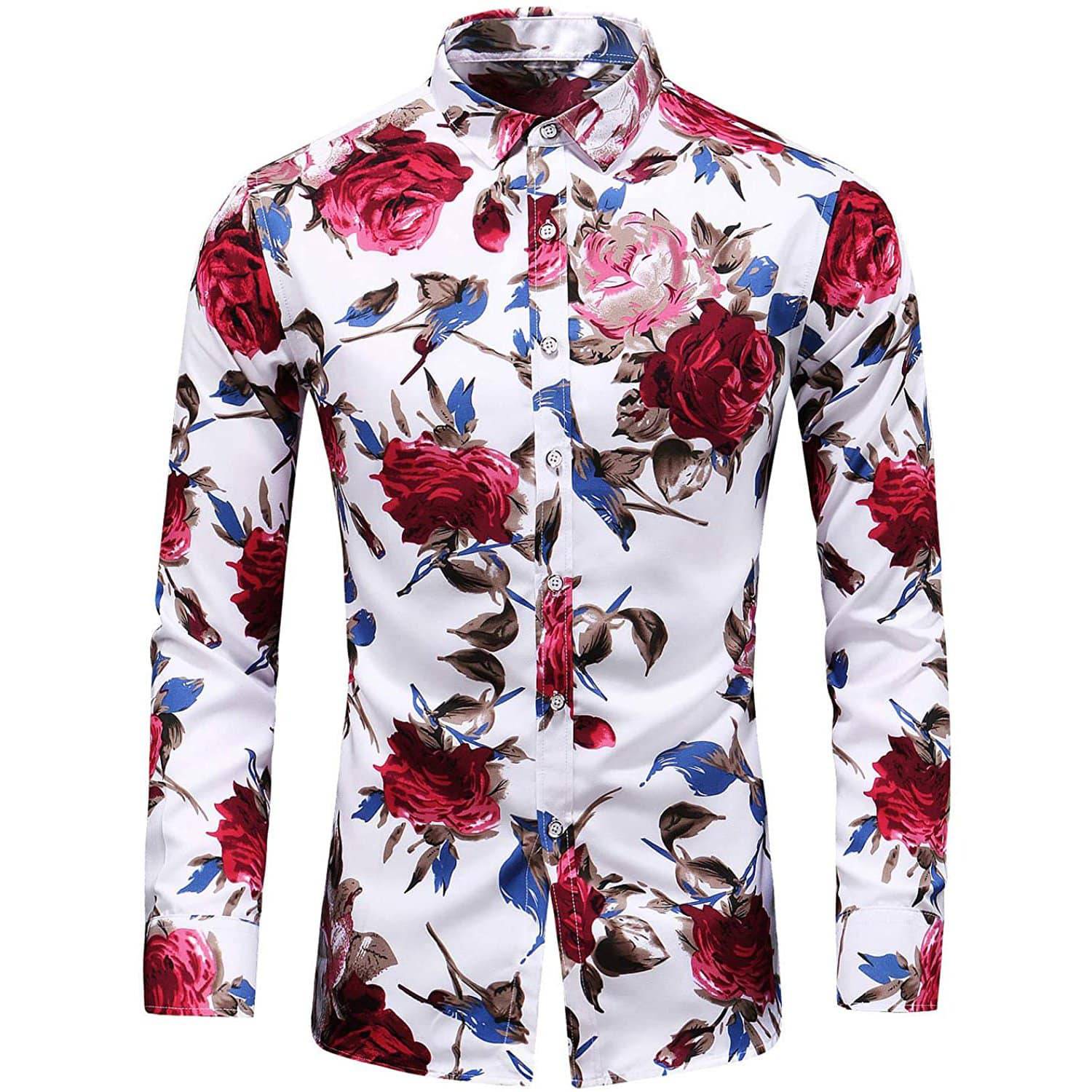Men's Flower Printed Silk Shirts Button Down Silk Dress Shirt