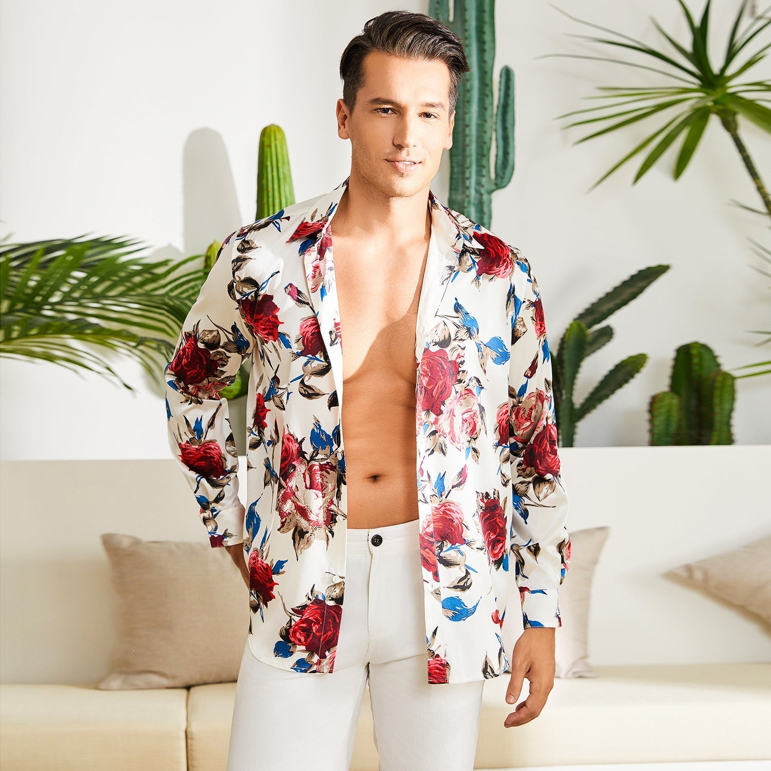 Men's Flower Printed Silk Shirts Button Down Silk Dress Shirt