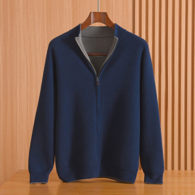 Mens Full - Zip Mock Neck Pure Cashmere Cardigan Stand Collar Cashmere Coat