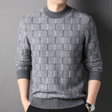 Mens Grid Pattern Pure Cashmere Sweater Mock Neck Cashmere Jumper