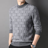 Mens Grid Pattern Pure Cashmere Sweater Mock Neck Cashmere Jumper