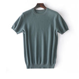 Mens Short Sleeve Pure Cashmere Sweater Crew Neck Textured Knit Tops