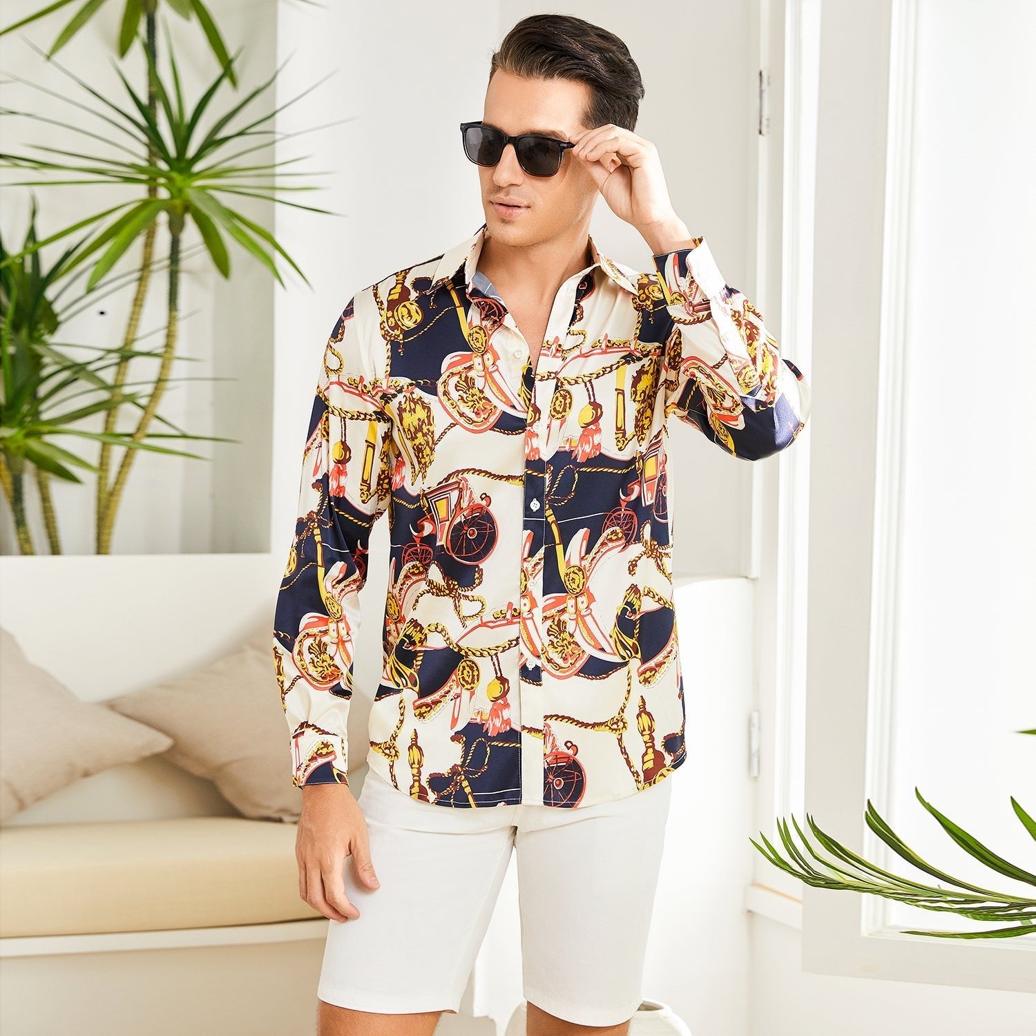 Printed Silk Shirt Long Sleeve Button Down Silk Shirt