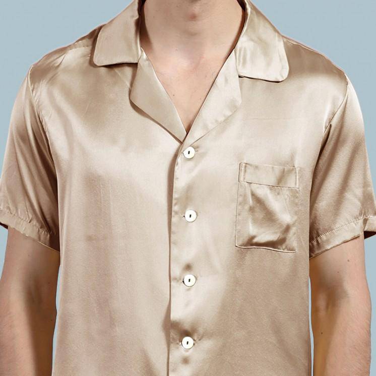 Mens Silk Pajama Set Short Sleeved Long Pants Silk Sleepwear