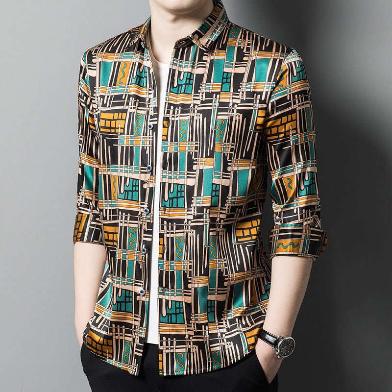 Mens Silk Shirts Geometric Print Retro Art Silk Dress Shirts