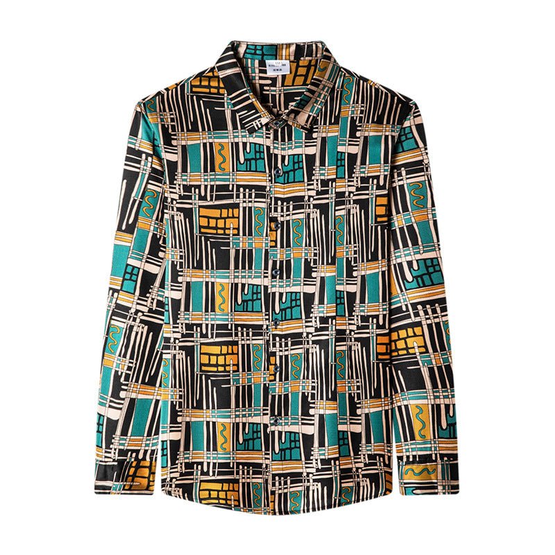Mens Silk Shirts Geometric Print Retro Art Silk Dress Shirts