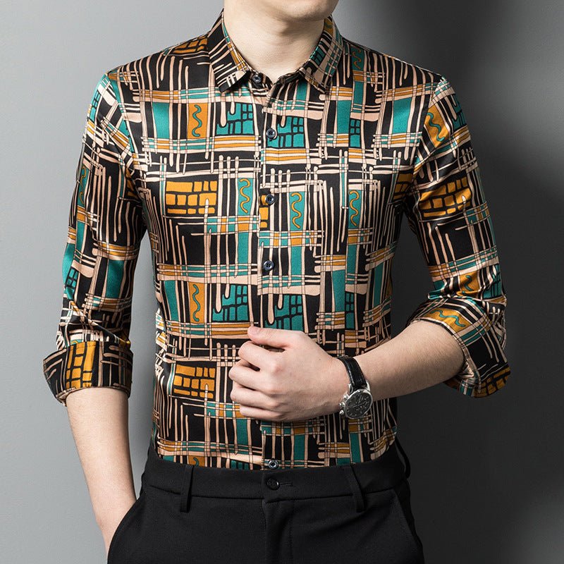 Mens Silk Shirts Geometric Print Retro Art Silk Dress Shirts