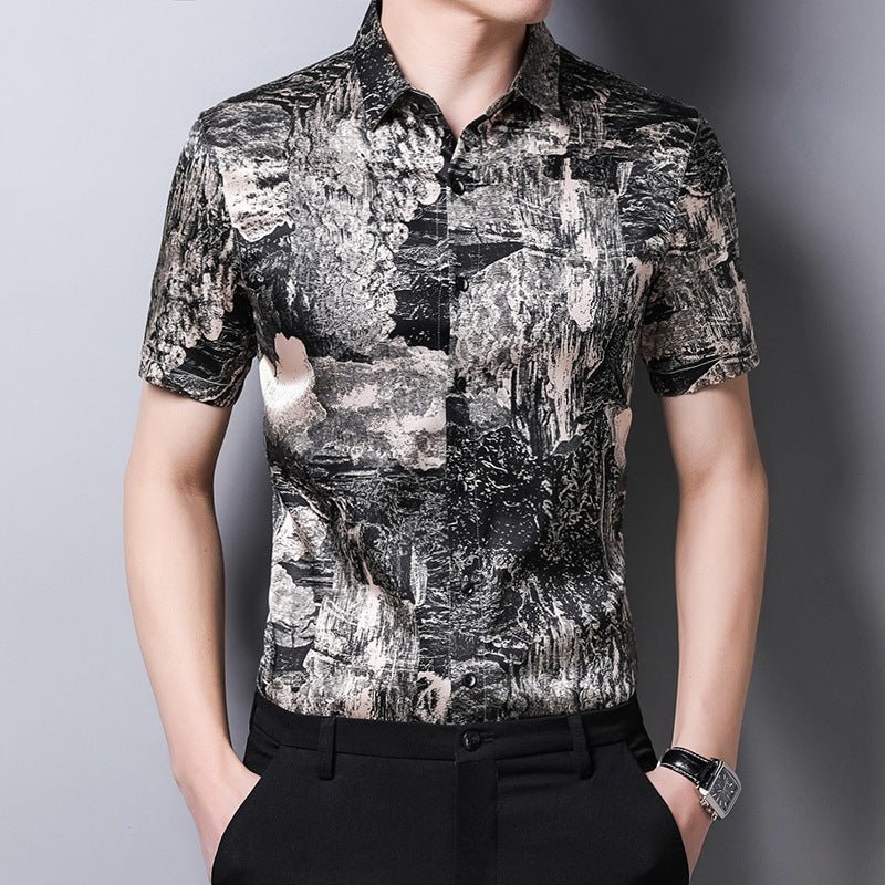 Mens Silk Shirts Short Sleeve Abstract Print Button Up Front Silk Dress Shirt