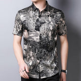 Mens Silk Shirts Short Sleeve Abstract Print Button Up Front Silk Dress Shirt