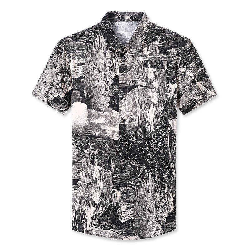 Mens Silk Shirts Short Sleeve Abstract Print Button Up Front Silk Dress Shirt