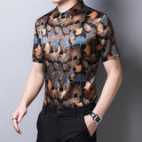 Mens Silk Shirts Short Sleeve Autumn Ginkgo Leaf Print Silk Dressing Shirt