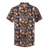Mens Silk Shirts Short Sleeve Autumn Ginkgo Leaf Print Silk Dressing Shirt
