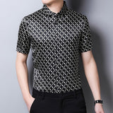 Mens Silk Shirts Short Sleeve Geometric Grid Print Silk Dress Shirt