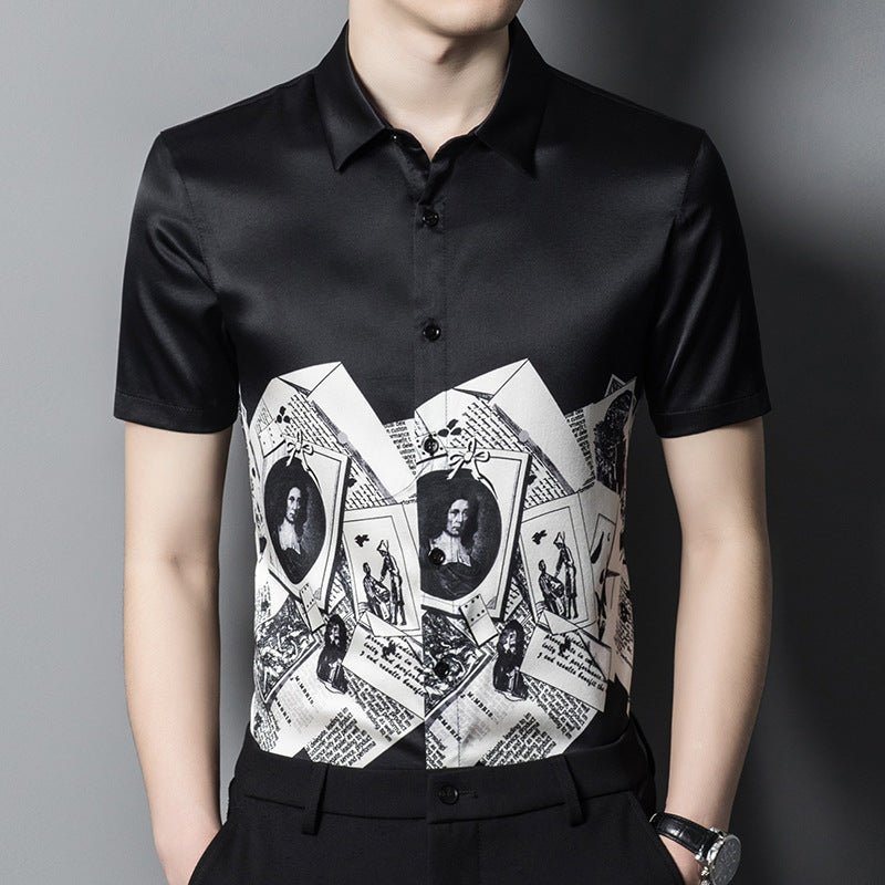 Mens Silk Shirts Short Sleeve Monochrome Vintage Graphic Print Silk Dress Shirt