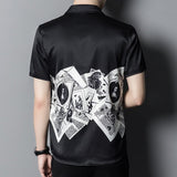 Mens Silk Shirts Short Sleeve Monochrome Vintage Graphic Print Silk Dress Shirt