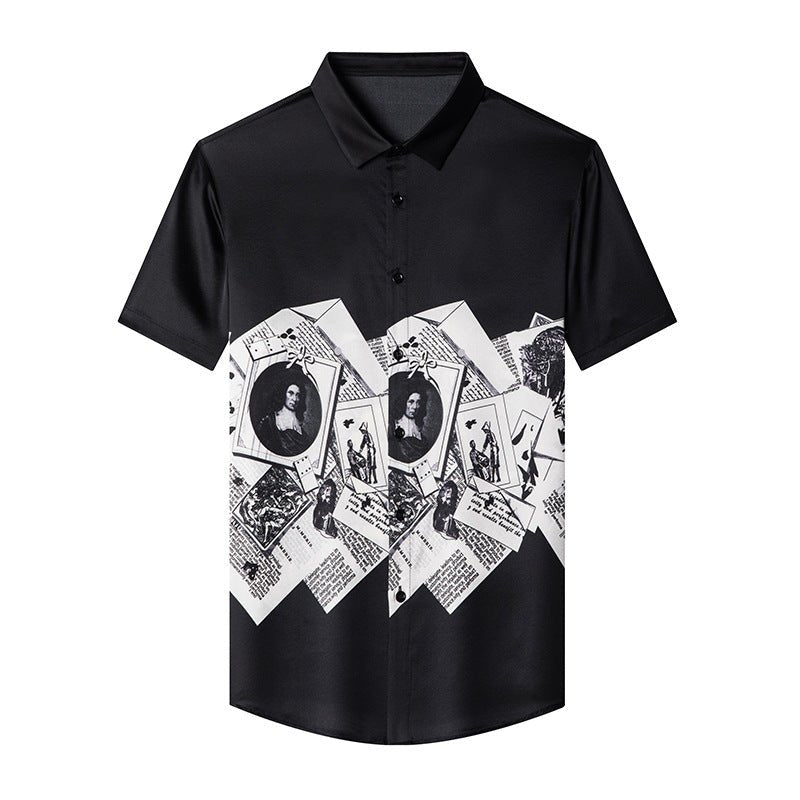 Mens Silk Shirts Short Sleeve Monochrome Vintage Graphic Print Silk Dress Shirt