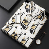 Mens Silk Shirts Short Sleeve Retro Geometric Print Silk Dress Shirt