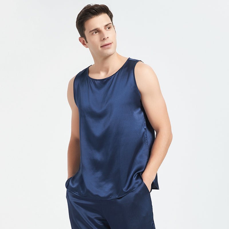 Mens Silk Tank Top Set Sleeveless Short Silk Pajamas Set