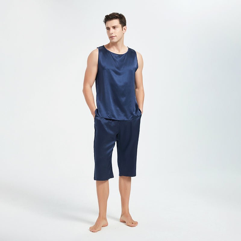 Mens Silk Tank Top Set Sleeveless Short Silk Pajamas Set