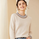 Ladies Colorful Striped Trim Crew Neck Cashmere Sweater