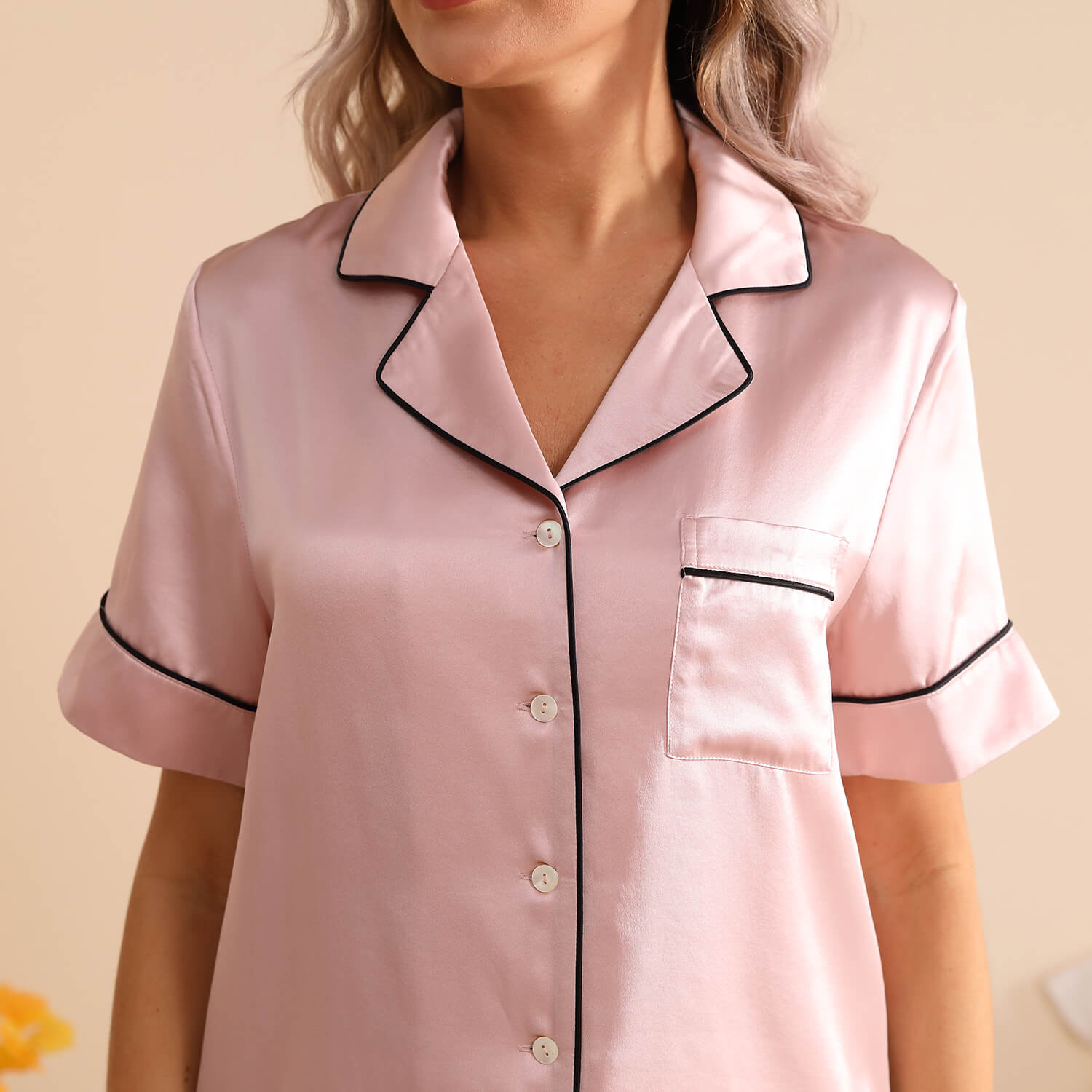 Classic Silk Pajamas Short Sleeve Long Pants Silk Pjs