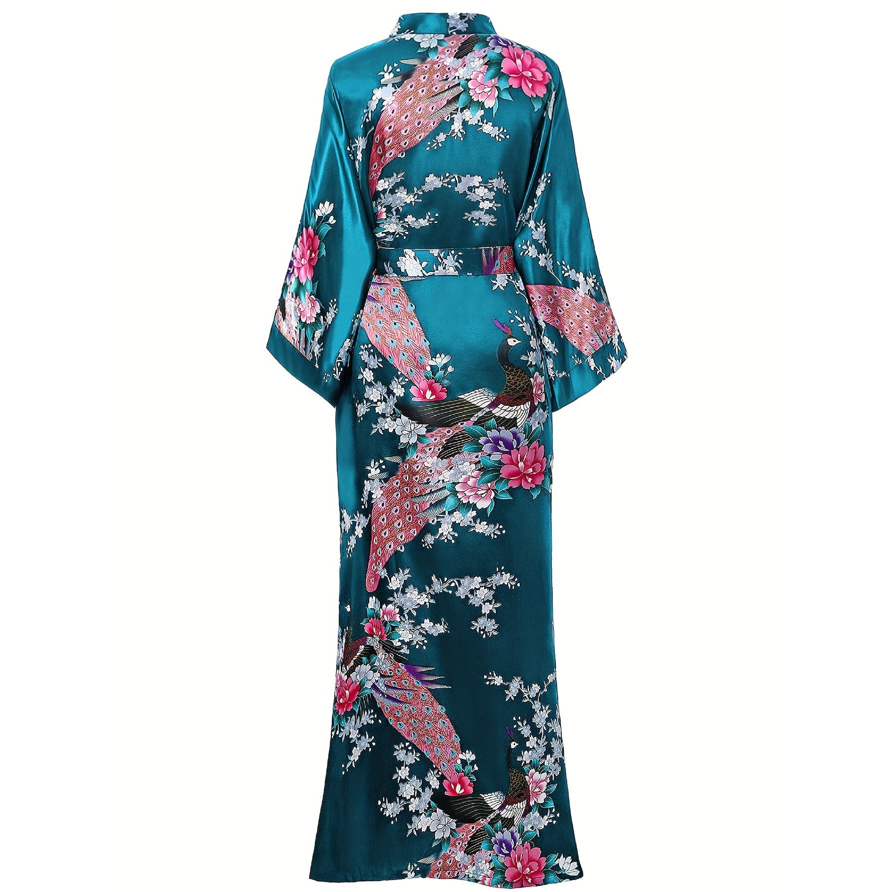 Women Silk Kimono Hand Painted Peacock & Flowers Nightwear