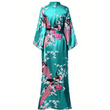 Women Silk Kimono Hand Painted Peacock & Flowers Nightwear