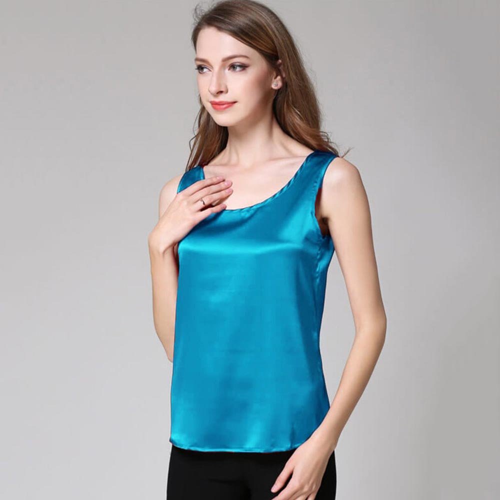 Peacock Blue Classic Round Neck Silk Tank Top for Ladies