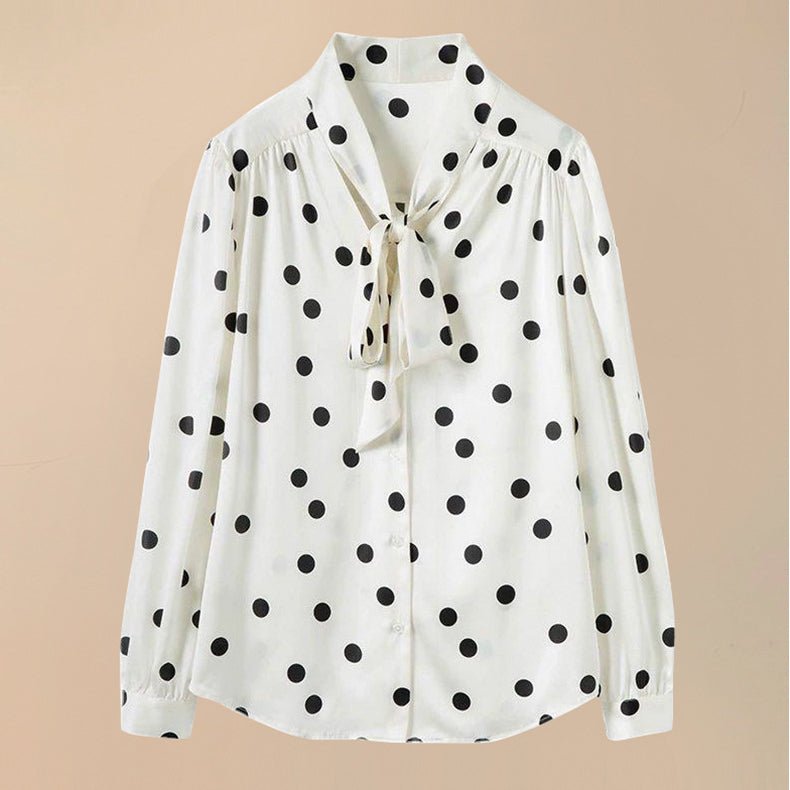Polka Dots Silk Blouse Bow Tie Neck Silk Button Down Shirt Silk Blouses for Women White XS