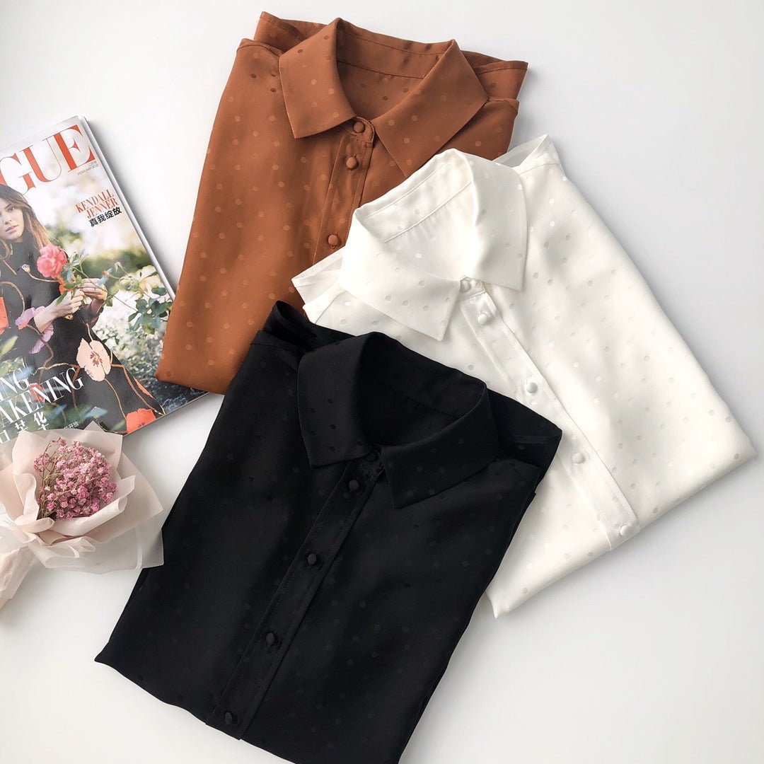 Polka Dots Silk Blouses for Women Long Sleeve Silk Blouse Jacquard Silk Shirt White S