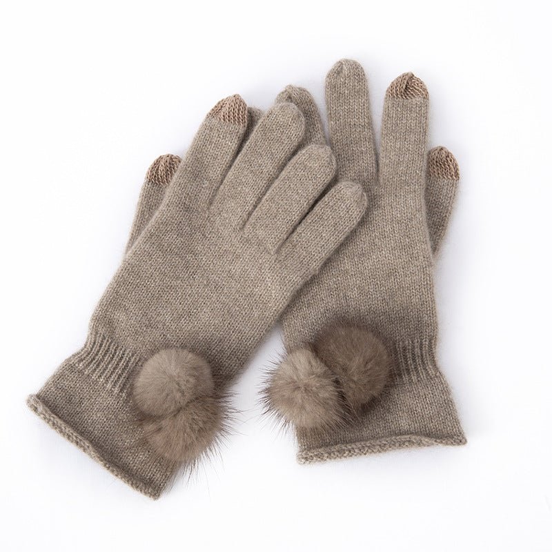 Pure Cashmere Women Full Fingers Gloves Touchscreen Cashmere Mittens with Fur Pom