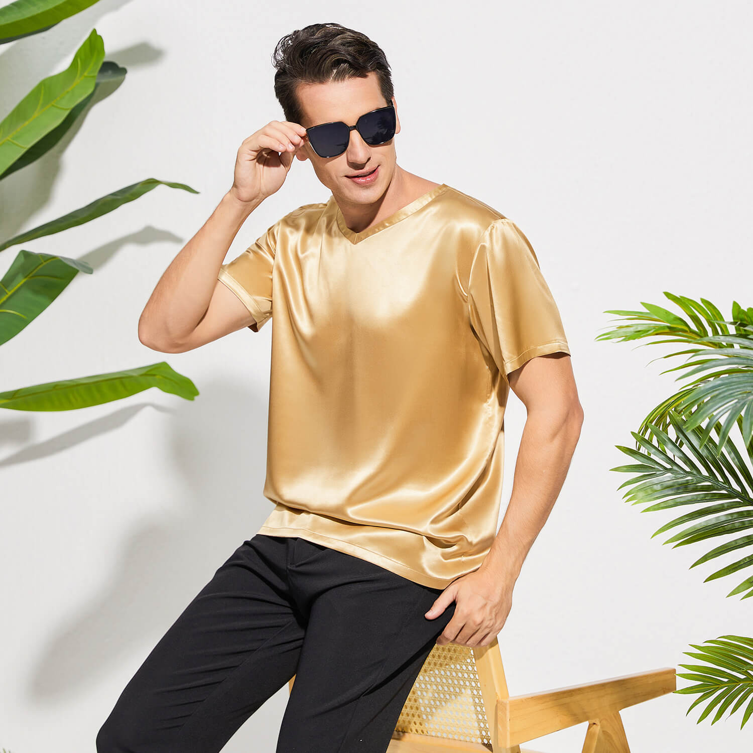 Pure Silk T-Shirts For Men Luxury V - Neck Silk Top Tee