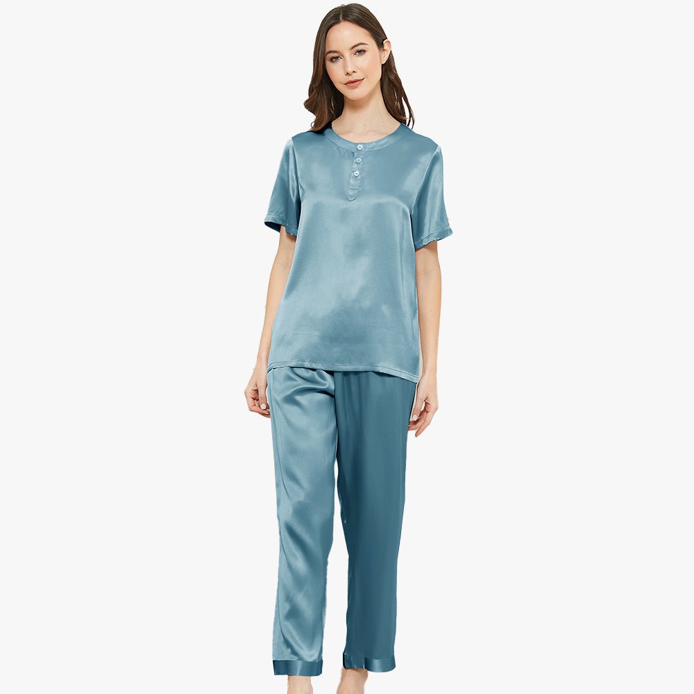 Henley Neckline Silk Pajamas 100% Silk Sleepwear Set