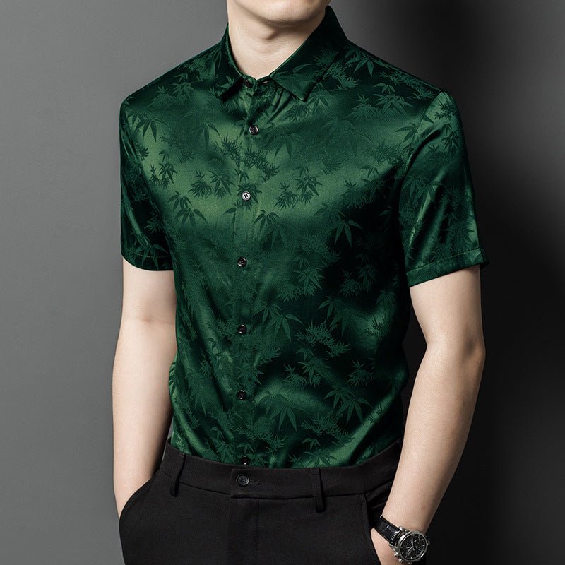 Silk Shirts for Men Short Sleeve Bamboo Jacquard Silk Dress Shirt