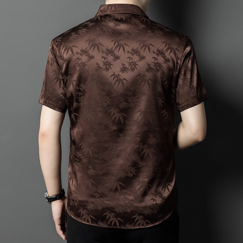 Silk Shirts for Men Short Sleeve Bamboo Jacquard Silk Dress Shirt