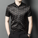 Silk Shirts for Men Short Sleeve Geometric Diamond Pattern Silk Dress Shirt