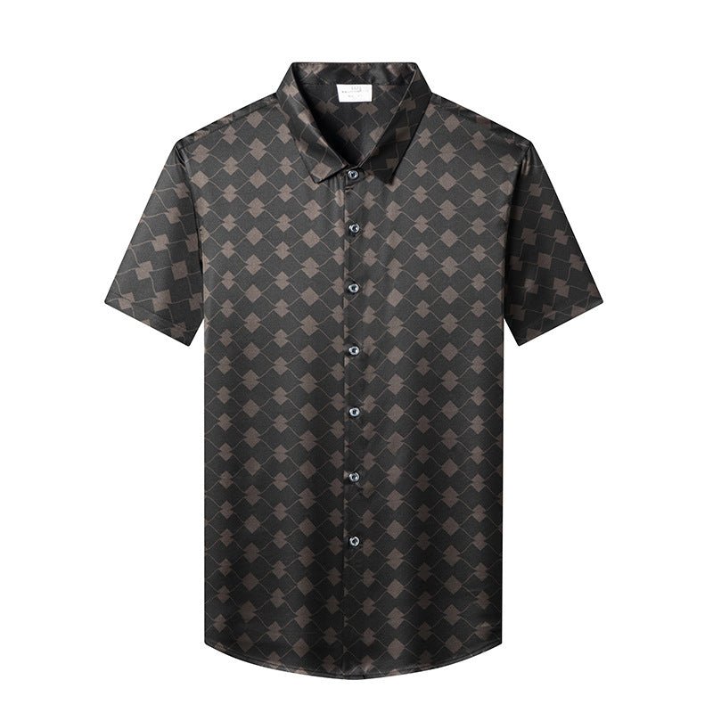 Silk Shirts for Men Short Sleeve Geometric Diamond Pattern Silk Dress Shirt