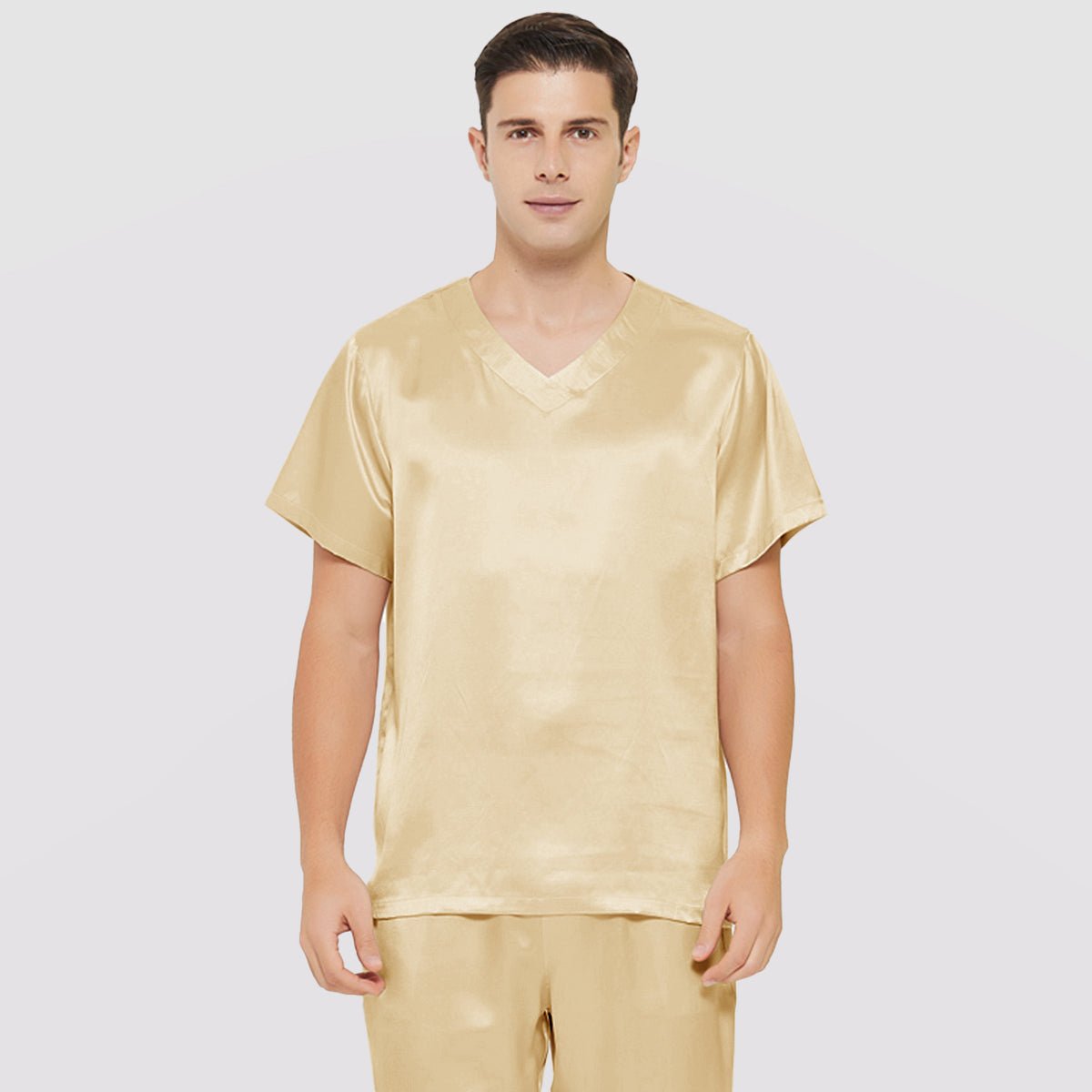 Mens Short Silk Pajama Set Silk Two Piece V Neck Silk Sleepwear