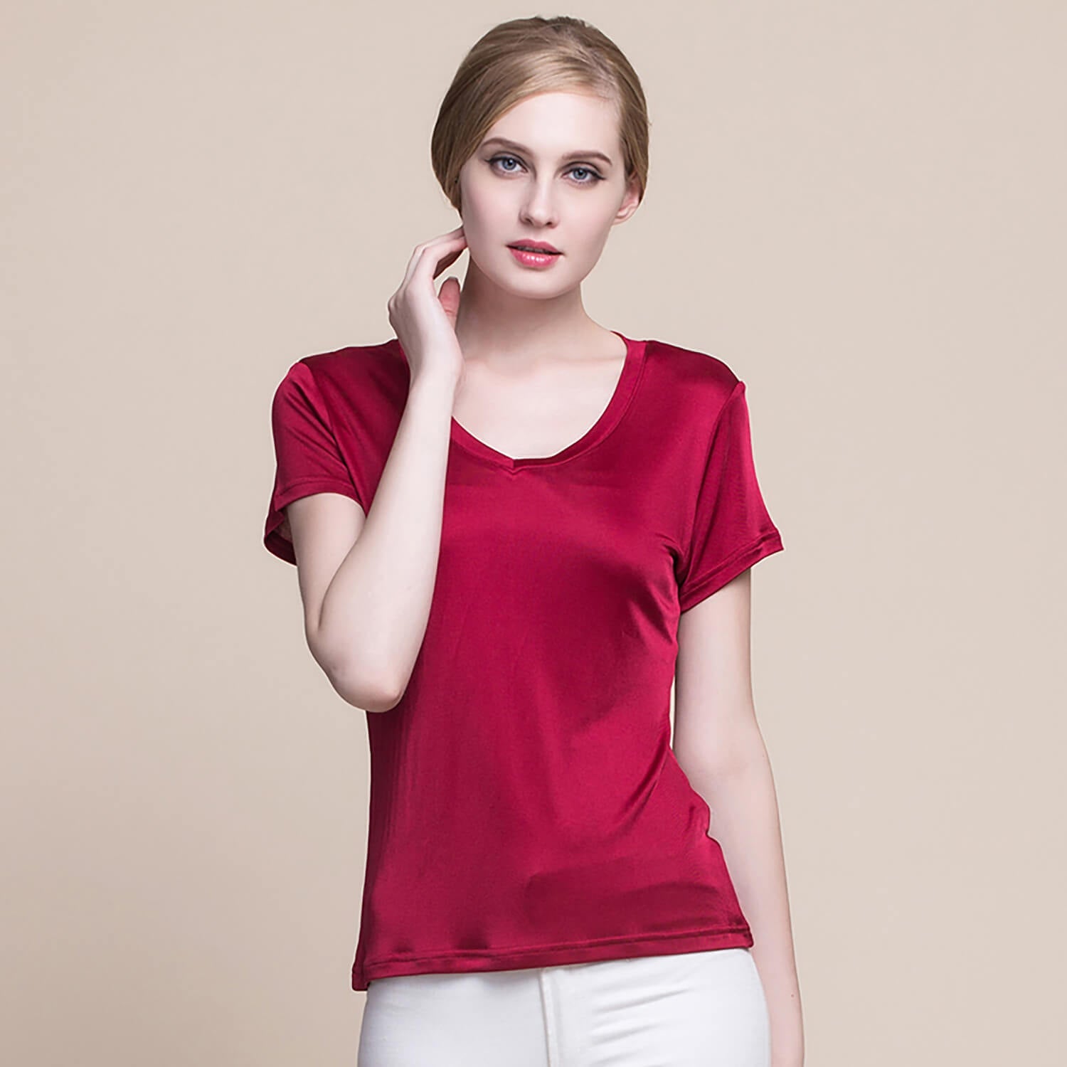 Silk V - neck Silk T-shirt Women's Silk Knitted Top Claret XS