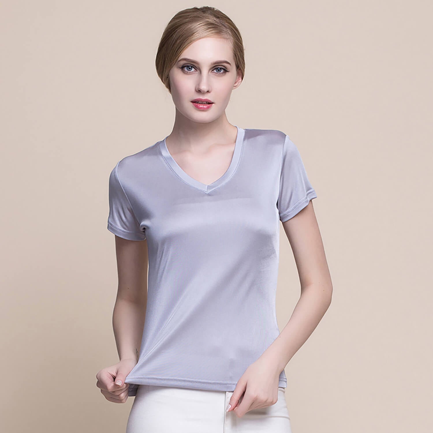 Silk V - neck Silk T-shirt Women's Silk Knitted Top Rosy pink XS