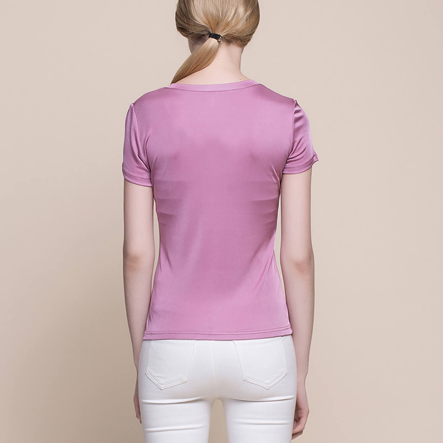 Silk V - neck Silk T-shirt Women's Silk Knitted Top Rosy pink XS