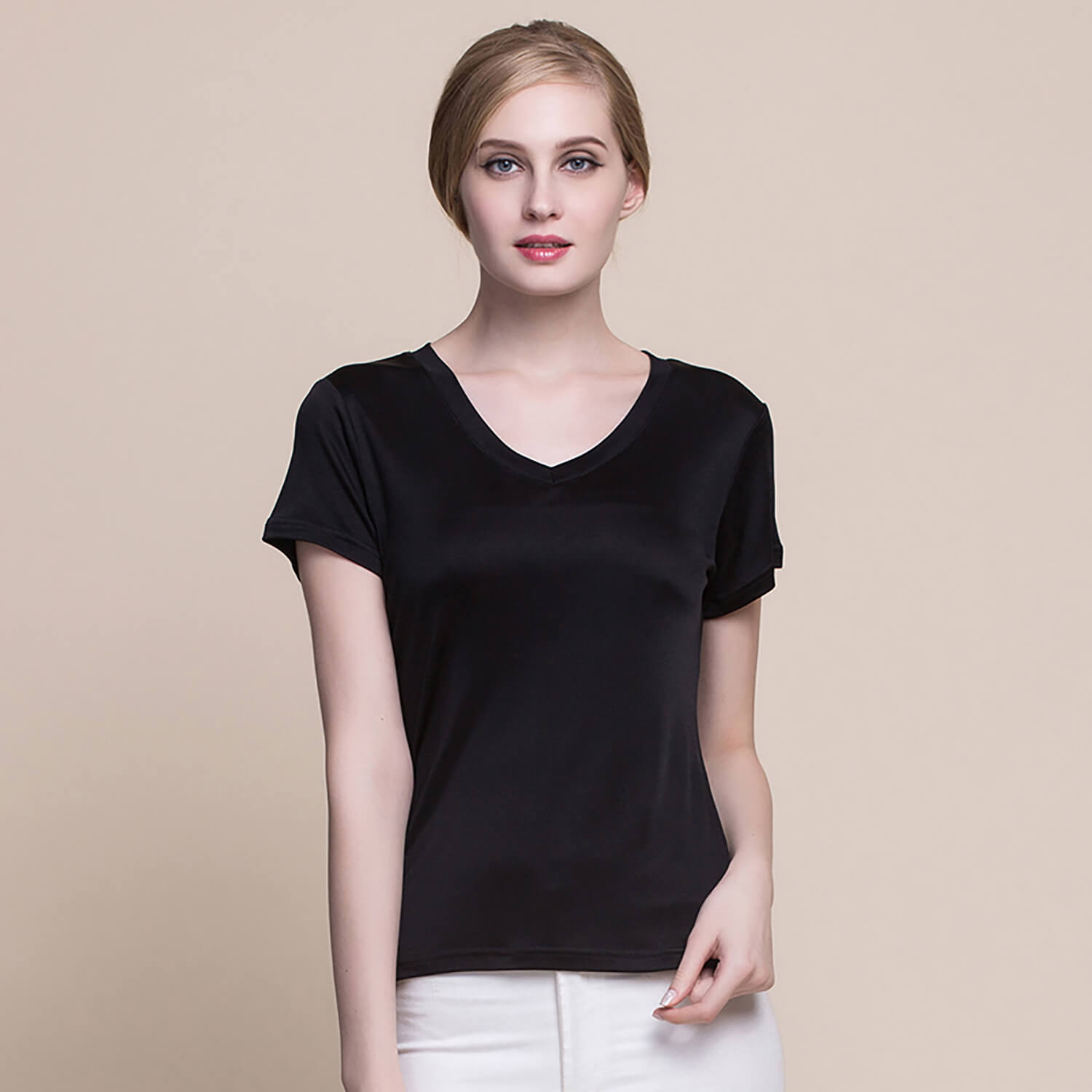Silk V - neck Silk T-shirt Women's Silk Knitted Top Black XS