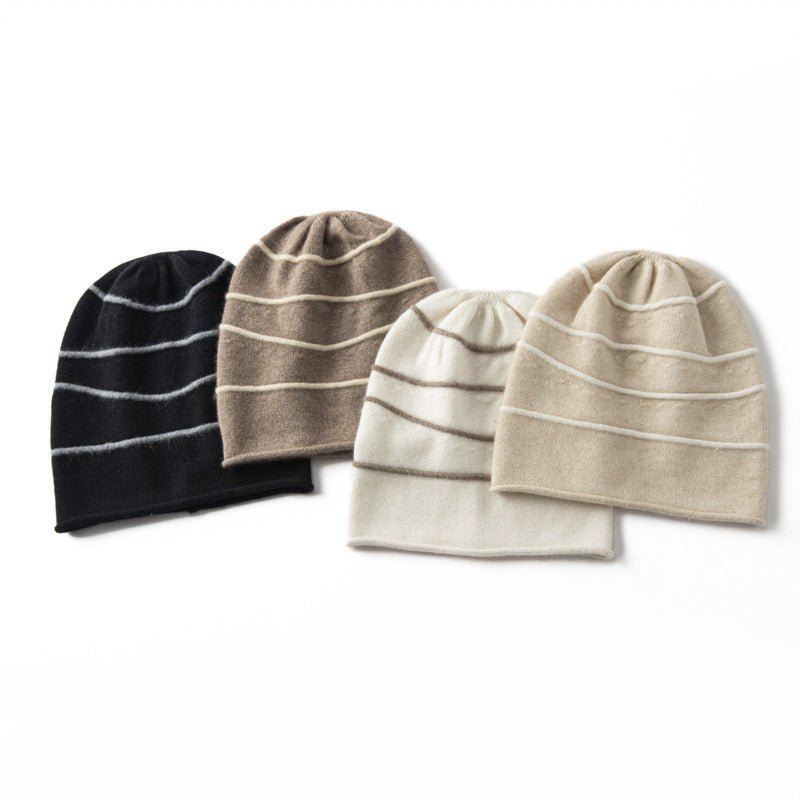 Striped Pure Cashmere Beanie Horizontal Stripe Cashmere Winter Hat