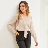 V Neck & Ribbon Silk Blouse For Women Long Sleeves Silk Shirt