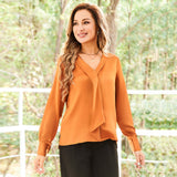 V Neck & Ribbon Silk Blouse For Women Long Sleeves Silk Shirt
